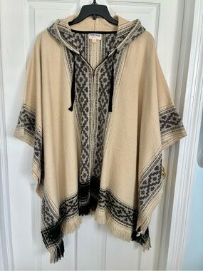 Freshman Cream Hooded Poncho with Black Geometric Trim and Fringe Accents